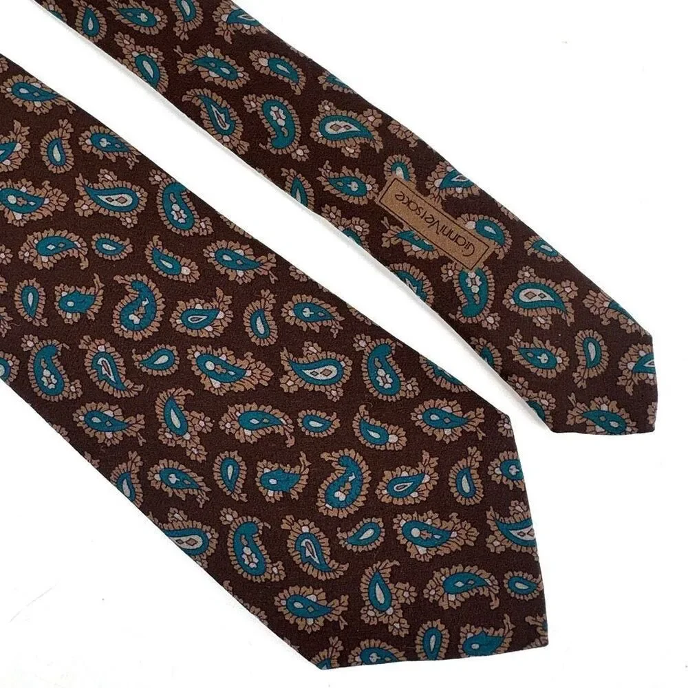 Vintage Gianni‎ Versace Brown Paisley Plaid Silk Mixed Pattern Men’s tie blue
